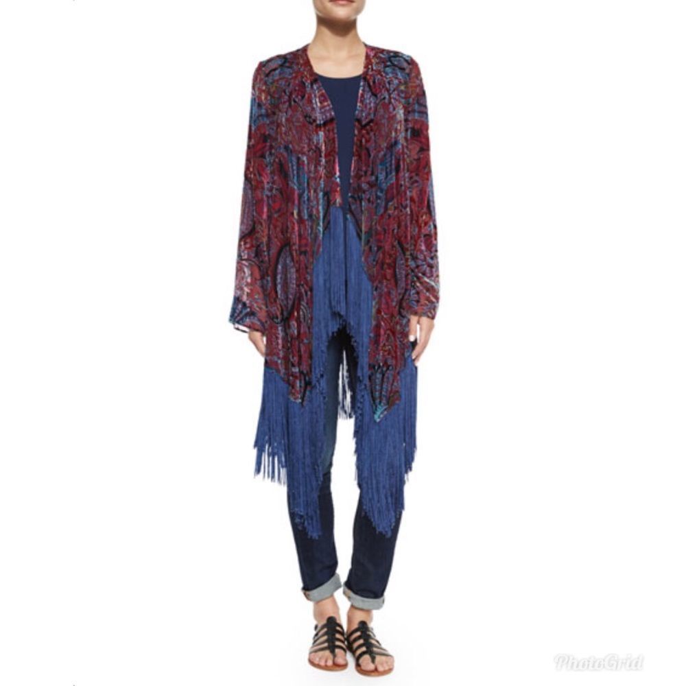 Neiman Marcus Vintage Velvet Burnout Fringe-Trim Kimono, Red/Multi